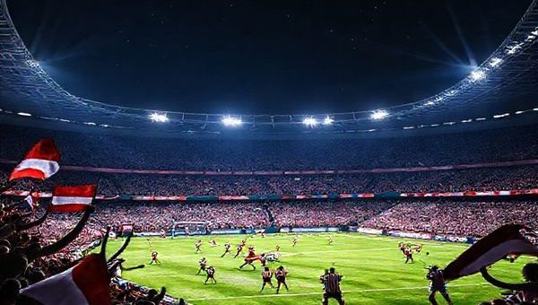 Create a high definition image depicting an intense football match between FC Utrecht and Nottingham Forest in a packed stadium under floodlights. Capture the vibrant energy of the players in action, showcasing Utrecht's high-pressing strategy against Forest's solid defense. Include passionate fans in the stands, waving flags and banners in support of their teams, with the atmosphere alive with anticipation for the Europa League clash. The night sky is adorned with stars, emphasizing the grandeur of this European showdown.