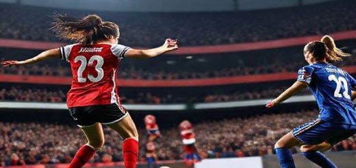 A dramatic football scene in high definition showcasing a tense match between Arsenal Women and Twente Women in the Women's Champions League, December 2025. Capture the vibrant stadium atmosphere with fans cheering passionately, players in action on the pitch, one from Arsenal executing a powerful strike while a resolute Twente defender prepares for a counterattack. The image should reflect the contrasting styles: Arsenal's attacking flair with their iconic red kits and Twente's solid defensive formation in their blue uniforms, all under bright stadium lights.