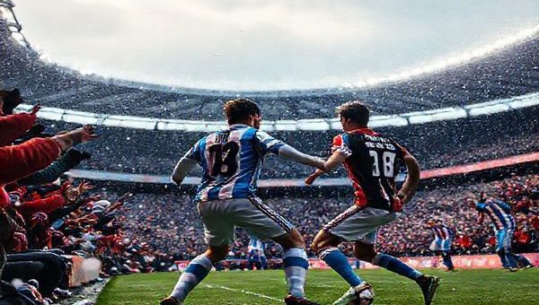 A high-definition image of a vibrant football stadium under a wintry December sky, with fans wearing the colors of Celta Vigo and Bologna, passionately cheering in anticipation of the Europa League match. Highlight the tension on the pitch, showcasing players from both teams in dynamic action—Celta Vigo's Francisco Beltrán orchestrating a play while Bologna's Antonio Peruzzi stands firm in defense. The atmosphere is electric, with snowflakes delicately falling, encapsulating the spirit of competition and rivalry in European football.