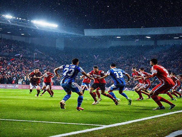 Two football teams clashing on an electrifying evening in December 2025, set in a bustling stadium filled with roaring fans. The scene captures a dramatic moment: Oldham players in vibrant blue jerseys charge down the pitch, while Walsall players in striking red jerseys prepare to defend. Bright stadium lights illuminate the action, with colorful flags waving in the stands, and a snowy backdrop hinting at winter's chill. High definition.