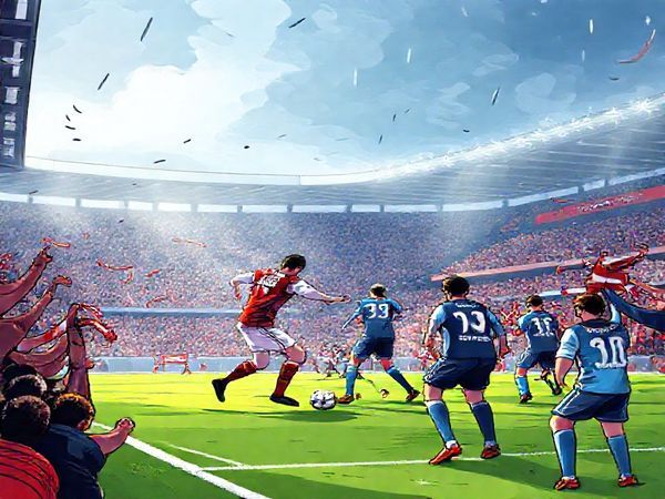 A high-definition illustration capturing the intense atmosphere of a football match between Exeter City and AFC Wimbledon in December 2025. The scene features a packed stadium with passionate fans waving scarves, the two teams locked in action on the pitch. Highlight Exeter's resilient underdogs in red and white, led by their captain Jack Simpson, against Wimbledon in navy blue, showcasing their disciplined defensive setup. The moment is electric, conveying the tension of a tactical chess match where every player is focused, embodying the spirit of competition and the heart of domestic football amidst a busy international calendar.