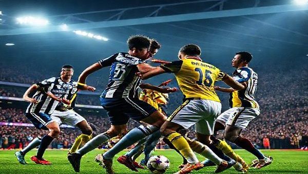 A dynamic football match scene depicting the fierce rivalry between Birmingham City and Watford on December 1, 2025. The Birmingham team, known for their physicality, clashes with the agile Watford squad, showcasing players like Jake Moore and João Pedro in an intense midfield battle. The backdrop is Birmingham's vibrant stadium filled with passionate fans, illuminated under floodlights. Capture the tension and excitement of this Championship clash in high definition.