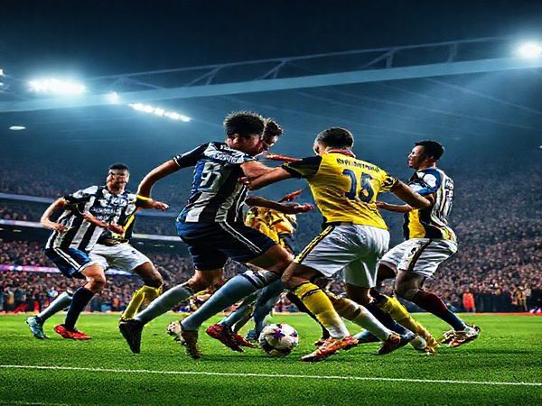 A dynamic football match scene depicting the fierce rivalry between Birmingham City and Watford on December 1, 2025. The Birmingham team, known for their physicality, clashes with the agile Watford squad, showcasing players like Jake Moore and João Pedro in an intense midfield battle. The backdrop is Birmingham's vibrant stadium filled with passionate fans, illuminated under floodlights. Capture the tension and excitement of this Championship clash in high definition.