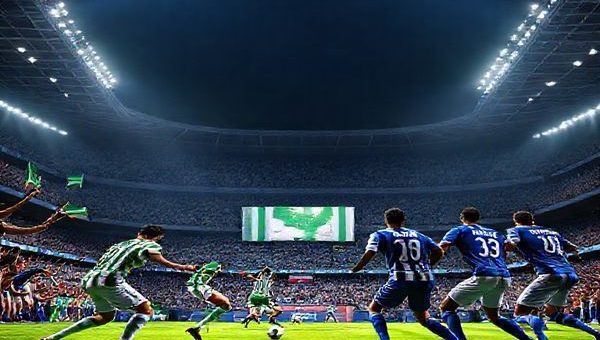 A high-definition image depicting the thrilling soccer match between Ferencvaros and Rangers in a packed European stadium under floodlights. Show players in vibrant jerseys showcasing their energy and intensity, with Ferencvaros in green and white stripes pressing forward fiercely, while Rangers in deep blue maintain a composed defense. Capture the electric atmosphere, filled with passionate fans waving flags and banners, and include animated tactical formations on the pitch highlighting the strategic battle. The scene should convey a sense of anticipation and drama, encapsulating the heart of European football rivalry.