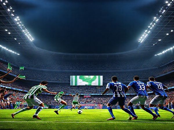 A high-definition image depicting the thrilling soccer match between Ferencvaros and Rangers in a packed European stadium under floodlights. Show players in vibrant jerseys showcasing their energy and intensity, with Ferencvaros in green and white stripes pressing forward fiercely, while Rangers in deep blue maintain a composed defense. Capture the electric atmosphere, filled with passionate fans waving flags and banners, and include animated tactical formations on the pitch highlighting the strategic battle. The scene should convey a sense of anticipation and drama, encapsulating the heart of European football rivalry.
