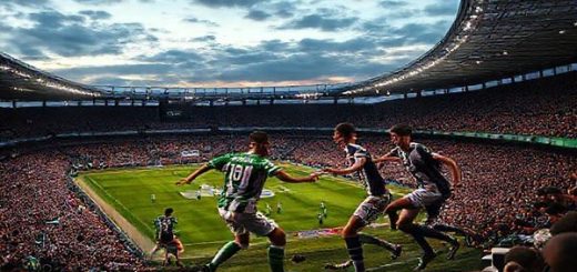 A dramatic high-definition scene depicting a packed Scottish football stadium under the evening sky, with Hibernian in green and white stripes and Falkirk in navy and white jerseys, energetically clashing on the pitch. Hibernian's midfield maestro skillfully orchestrates the play, while Falkirk’s young striker lunges forward, evoking the intense rivalry and high stakes of their December 2025 match. The crowd is fervently engaged, with flags waving and fans on the edge of their seats, capturing the essence of this thrilling moment in the Scottish Premiership.