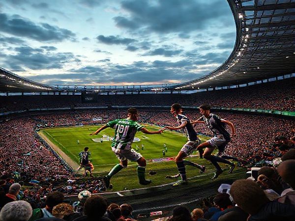A dramatic high-definition scene depicting a packed Scottish football stadium under the evening sky, with Hibernian in green and white stripes and Falkirk in navy and white jerseys, energetically clashing on the pitch. Hibernian's midfield maestro skillfully orchestrates the play, while Falkirk’s young striker lunges forward, evoking the intense rivalry and high stakes of their December 2025 match. The crowd is fervently engaged, with flags waving and fans on the edge of their seats, capturing the essence of this thrilling moment in the Scottish Premiership.