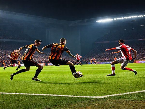 A dramatic football scene capturing a tense moment during the Championship match between Hull City and Middlesbrough, set in December 2025. The image showcases Hull City players in vibrant amber and black jerseys, pressing hard against a backdrop of a packed stadium, while Middlesbrough players in their red kits execute a precise pass. The atmosphere is electric, with fans waving flags, tension visible in the air, under the floodlights illuminating the pitch. Render this scene in high definition with a focus on dynamic movement and vivid colors.