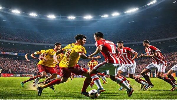 **Image Prompt:** A dramatic football scene illustrating the intense clash between Jagiellonia Białystok and Rayo Vallecano, set in a vibrant stadium under the floodlights. Jagiellonia's players in their characteristic yellow and red jerseys, showcasing resilience and tactical discipline, face off against Rayo Vallecano's colorful, flamboyant squad in dynamic motion, capturing the essence of their high-press style. The tension in the air is palpable, with the fans erupting in support. Create this image in high definition.