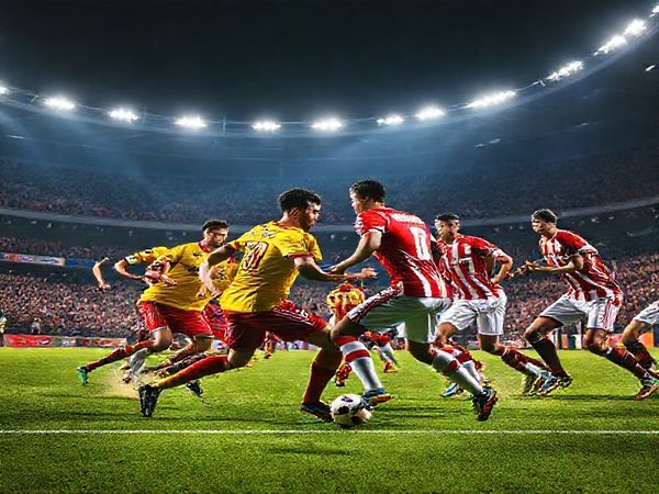 **Image Prompt:** A dramatic football scene illustrating the intense clash between Jagiellonia Białystok and Rayo Vallecano, set in a vibrant stadium under the floodlights. Jagiellonia's players in their characteristic yellow and red jerseys, showcasing resilience and tactical discipline, face off against Rayo Vallecano's colorful, flamboyant squad in dynamic motion, capturing the essence of their high-press style. The tension in the air is palpable, with the fans erupting in support. Create this image in high definition.