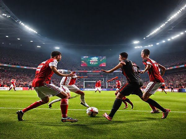 A dramatic Bundesliga football match scene set in a vibrant stadium on December 6, 2025, featuring FC Augsburg in their determined red and white kits and Bayer Leverkusen in their sleek black and red uniforms. Capture the intensity of the players on the pitch, showcasing Augsburg’s resilient defense clashing with Leverkusen’s dynamic attack. The atmosphere is electrifying with energetic fans in the stands, colorful banners waving, and a bright floodlit sky. Emphasize the tactical duel in midfield with intense expressions and fluid movements, all in high definition.