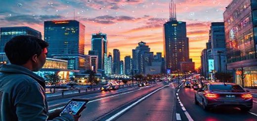 A vibrant cityscape at dusk, showcasing the seamless integration of artificial intelligence into everyday life. In the foreground, a person interacts with a sleek virtual assistant, while in the background, self-driving cars glide effortlessly on a smart road. To one side, a futuristic healthcare facility is visible, with robotic surgery taking place. On the other side, an advanced retail space thrives with AI-powered virtual shopping experiences. The sky above is filled with floating digital elements symbolizing data and communication. Make the image in high definition.