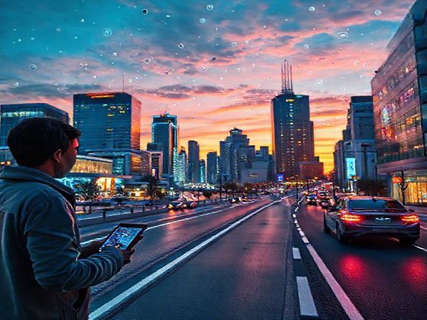 A vibrant cityscape at dusk, showcasing the seamless integration of artificial intelligence into everyday life. In the foreground, a person interacts with a sleek virtual assistant, while in the background, self-driving cars glide effortlessly on a smart road. To one side, a futuristic healthcare facility is visible, with robotic surgery taking place. On the other side, an advanced retail space thrives with AI-powered virtual shopping experiences. The sky above is filled with floating digital elements symbolizing data and communication. Make the image in high definition.