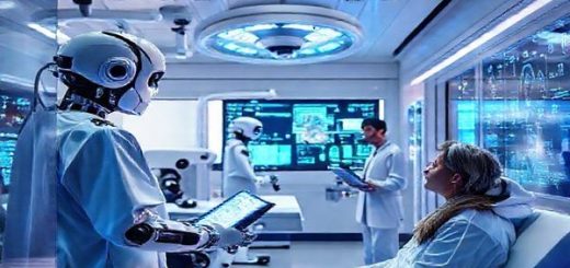 **High definition image prompt:** A futuristic hospital scene where advanced AI technologies are visibly integrated into patient care, showing robots assisting doctors in a surgical theatre, diagnostic screens analyzing complex data, and a patient interacting with a personalized health AI interface. Elements like glowing digital panels and holographic displays emphasize the high-tech atmosphere, with medical professionals appearing engaged and focused. The setting is bright and optimistic, reflecting the transformative power of AI in healthcare.