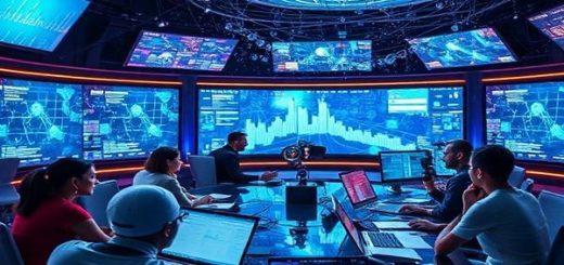 A futuristic newsroom filled with vibrant screens displaying real-time news updates powered by AI algorithms. At the center, a diverse group of journalists collaborates with robotic assistants, analyzing data and crafting stories amidst swirling holograms of information. The atmosphere is a blend of technology and creativity, showcasing the harmony between human intuition and AI efficiency. High definition.