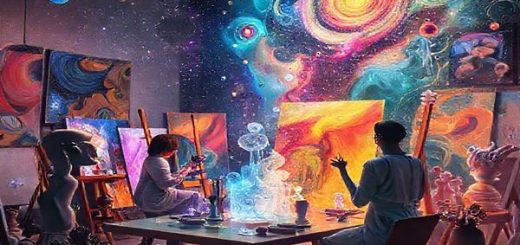 "Create a high definition image that illustrates the fusion of AI and traditional art. Depict a vibrant studio space filled with digital canvases, where human artists collaborate with holographic AI beings, experimenting with colors and shapes. Show various artistic styles merging seamlessly, with elements like swirling galaxies, abstract shapes, and classical sculptures intermingling. Capture the essence of innovation, creativity, and the dynamic relationship between humanity and technology in art."