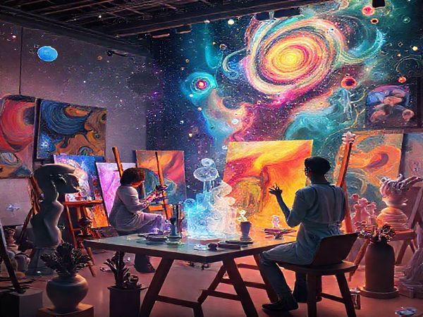 "Create a high definition image that illustrates the fusion of AI and traditional art. Depict a vibrant studio space filled with digital canvases, where human artists collaborate with holographic AI beings, experimenting with colors and shapes. Show various artistic styles merging seamlessly, with elements like swirling galaxies, abstract shapes, and classical sculptures intermingling. Capture the essence of innovation, creativity, and the dynamic relationship between humanity and technology in art."