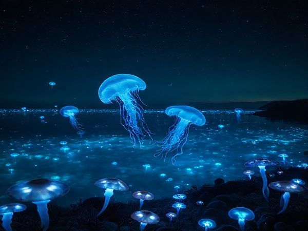 A breathtaking night scene showcasing the wonders of bioluminescence: a dark ocean bay illuminated by glowing marine plankton, with ethereal jellyfish gracefully floating, their bodies shining a soft, blue light. Nearby, on the shore, fireflies dance in the air, their rhythmic flashes creating a magical atmosphere, while bioluminescent mushrooms glow in the foreground. The backdrop features a starry sky with a hint of northern lights, all rendered in high definition to capture the vibrant colors and intricate details of this natural spectacle.
