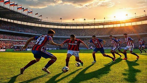 A high-definition image of an intense Serie A football match between Bologna and Cremonese, set in a vibrant stadium filled with passionate fans. Bologna players, showcasing flair and creativity, are on the offensive, weaving through defenders in bright red and blue uniforms. Meanwhile, the resolute Cremonese team, clad in their traditional colors, stands ready to counterattack with disciplined positioning. The stadium's atmosphere is electric, with flags waving and a dramatic sunset casting long shadows on the pitch, emphasizing the high stakes and tactical battle unfolding.