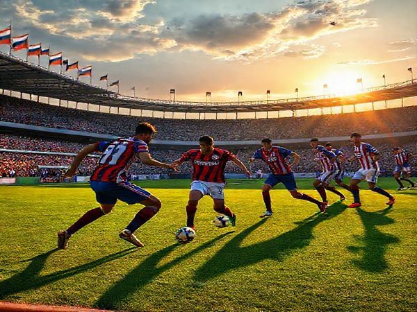 A high-definition image of an intense Serie A football match between Bologna and Cremonese, set in a vibrant stadium filled with passionate fans. Bologna players, showcasing flair and creativity, are on the offensive, weaving through defenders in bright red and blue uniforms. Meanwhile, the resolute Cremonese team, clad in their traditional colors, stands ready to counterattack with disciplined positioning. The stadium's atmosphere is electric, with flags waving and a dramatic sunset casting long shadows on the pitch, emphasizing the high stakes and tactical battle unfolding.