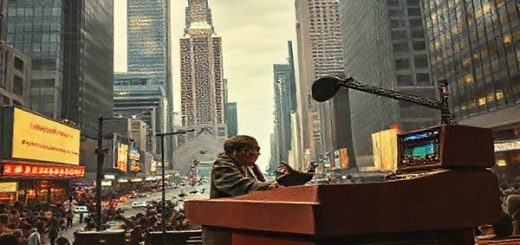 A 1930s church pulpit transformed into a futuristic broadcasting station, featuring a pastor passionately delivering a sermon from a high-tech radio console. Surround the scene with skyscrapers and bustling streets of a vintage city, blending elements of jazz culture and the optimism of modernity. The atmosphere should evoke a sense of hope and spiritual connection, capturing the essence of the evolving role of the clergy in an interconnected world. Make the image in high definition.