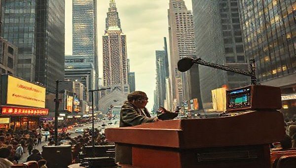 A 1930s church pulpit transformed into a futuristic broadcasting station, featuring a pastor passionately delivering a sermon from a high-tech radio console. Surround the scene with skyscrapers and bustling streets of a vintage city, blending elements of jazz culture and the optimism of modernity. The atmosphere should evoke a sense of hope and spiritual connection, capturing the essence of the evolving role of the clergy in an interconnected world. Make the image in high definition.
