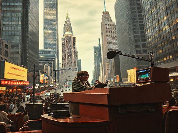 A 1930s church pulpit transformed into a futuristic broadcasting station, featuring a pastor passionately delivering a sermon from a high-tech radio console. Surround the scene with skyscrapers and bustling streets of a vintage city, blending elements of jazz culture and the optimism of modernity. The atmosphere should evoke a sense of hope and spiritual connection, capturing the essence of the evolving role of the clergy in an interconnected world. Make the image in high definition.