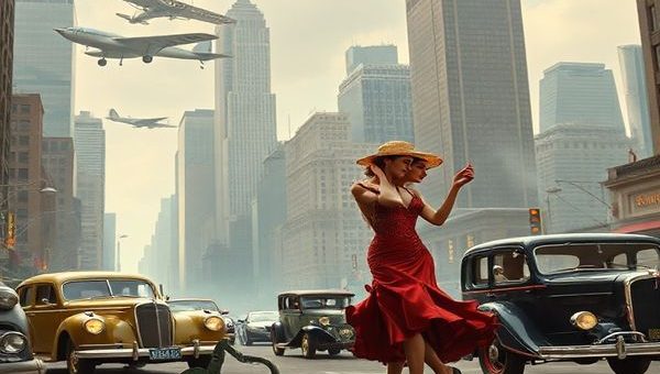 A high-definition image depicting a vibrant 1920s scene of couples dancing to jazz in a bustling city, with flapper dresses swirling and vintage cars parked on the street. In the background, futuristic technology like early radio devices and personal airplanes hover above modern skyscrapers, blending past and future. The atmosphere is filled with a sense of liberation and optimism, symbolizing the evolution of marriage from tradition to modernity, capturing the dance of romance amid a backdrop of societal change.