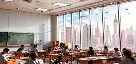 A vibrant 1950s classroom, combining futuristic elements like floating chalkboards and digital globes with traditional wooden desks and books, where diverse students are engaged in lively discussions about faith and technology. Outside the large windows, rocketships soar into a bright, optimistic sky filled with flying cars and towering skyscrapers adorned with religious symbols. Emphasize the contrast between old-world tradition and futuristic innovation, all in high definition.