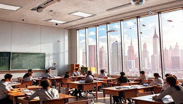 A vibrant 1950s classroom, combining futuristic elements like floating chalkboards and digital globes with traditional wooden desks and books, where diverse students are engaged in lively discussions about faith and technology. Outside the large windows, rocketships soar into a bright, optimistic sky filled with flying cars and towering skyscrapers adorned with religious symbols. Emphasize the contrast between old-world tradition and futuristic innovation, all in high definition.