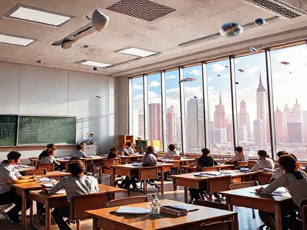 A vibrant 1950s classroom, combining futuristic elements like floating chalkboards and digital globes with traditional wooden desks and books, where diverse students are engaged in lively discussions about faith and technology. Outside the large windows, rocketships soar into a bright, optimistic sky filled with flying cars and towering skyscrapers adorned with religious symbols. Emphasize the contrast between old-world tradition and futuristic innovation, all in high definition.