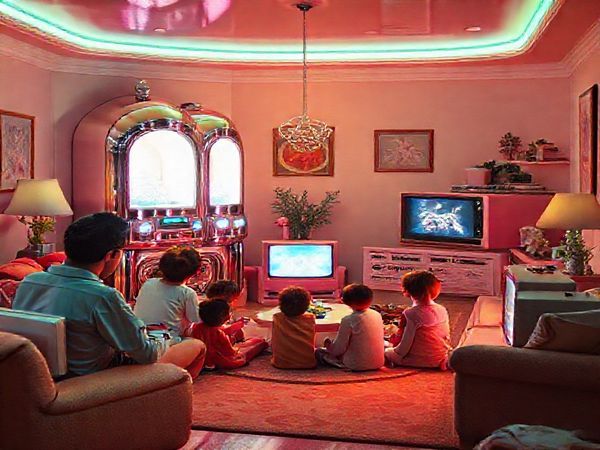 A high-definition image depicting a vibrant, retro-futuristic 1950s vision of prayer, featuring sleek chrome electric shrines glowing softly in pastel colors. Integrate futuristic gadgets inspired by the era, such as a "faith-phone" with glowing buttons and a small robot assistant handing out prayer requests. Surround the scene with families gathered in a cozy living room, engaged in communal prayer facilitated by sleek technology, including a vintage television broadcasting a priest's blessing. Capture the essence of hope and innovation through bright colors and a nostalgic atmosphere.