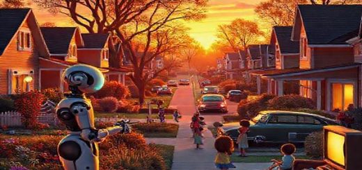 "Visualize a vibrant 1950s suburban neighborhood, bathed in warm sunset light, where benevolent robots assist families in everyday tasks, like a robot nurse tending to a garden filled with children laughing and playing nearby. Classic cars line the streets, and retro TVs glow in cozy living rooms, symbolizing post-war optimism. Include details like futuristic appliances and community gatherings, with an undercurrent of joy and harmony. Create in high definition."