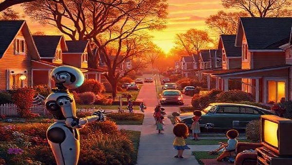 "Visualize a vibrant 1950s suburban neighborhood, bathed in warm sunset light, where benevolent robots assist families in everyday tasks, like a robot nurse tending to a garden filled with children laughing and playing nearby. Classic cars line the streets, and retro TVs glow in cozy living rooms, symbolizing post-war optimism. Include details like futuristic appliances and community gatherings, with an undercurrent of joy and harmony. Create in high definition."