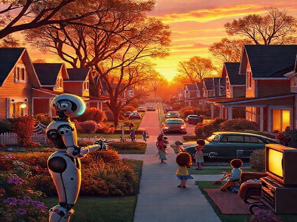 "Visualize a vibrant 1950s suburban neighborhood, bathed in warm sunset light, where benevolent robots assist families in everyday tasks, like a robot nurse tending to a garden filled with children laughing and playing nearby. Classic cars line the streets, and retro TVs glow in cozy living rooms, symbolizing post-war optimism. Include details like futuristic appliances and community gatherings, with an undercurrent of joy and harmony. Create in high definition."