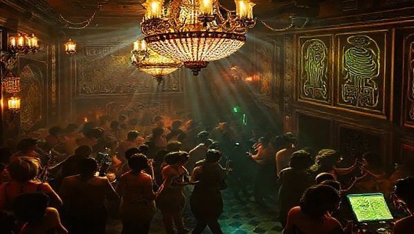 Create a high definition image capturing a vibrant 1920s speakeasy scene, where flappers dance under Art Deco chandeliers, while ancient rituals are mystically intertwined. Include elements like a jazz band playing, Egyptian hieroglyphs glowing on the walls, and a swirling fusion of modern technology with ancient symbols, evoking a sense of cultural exchange and continuity amidst progress.