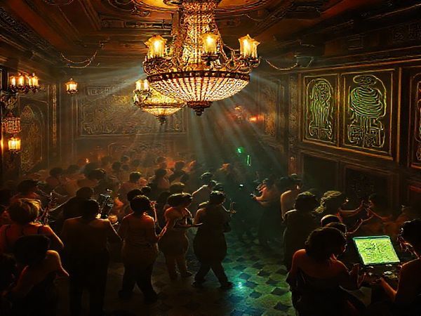Create a high definition image capturing a vibrant 1920s speakeasy scene, where flappers dance under Art Deco chandeliers, while ancient rituals are mystically intertwined. Include elements like a jazz band playing, Egyptian hieroglyphs glowing on the walls, and a swirling fusion of modern technology with ancient symbols, evoking a sense of cultural exchange and continuity amidst progress.