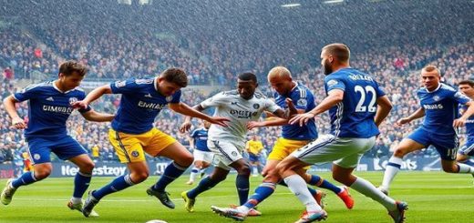 "Create a high-definition image of a dramatic football showdown at Elland Road, featuring Leeds United in their vibrant blue and yellow kits, energetically pressing Chelsea players in their striking navy blue and white uniforms. The wintry crowd is roaring in the background, with banners waving, as gusty winds swirl autumn leaves around the pitch. Capture the intensity of the match, showcasing the contrasting styles: Leeds' aggressive high press against Chelsea's composed possession, with players in dynamic motion and tension palpable in the air."