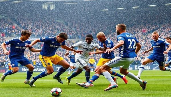 "Create a high-definition image of a dramatic football showdown at Elland Road, featuring Leeds United in their vibrant blue and yellow kits, energetically pressing Chelsea players in their striking navy blue and white uniforms. The wintry crowd is roaring in the background, with banners waving, as gusty winds swirl autumn leaves around the pitch. Capture the intensity of the match, showcasing the contrasting styles: Leeds' aggressive high press against Chelsea's composed possession, with players in dynamic motion and tension palpable in the air."