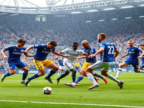 "Create a high-definition image of a dramatic football showdown at Elland Road, featuring Leeds United in their vibrant blue and yellow kits, energetically pressing Chelsea players in their striking navy blue and white uniforms. The wintry crowd is roaring in the background, with banners waving, as gusty winds swirl autumn leaves around the pitch. Capture the intensity of the match, showcasing the contrasting styles: Leeds' aggressive high press against Chelsea's composed possession, with players in dynamic motion and tension palpable in the air."