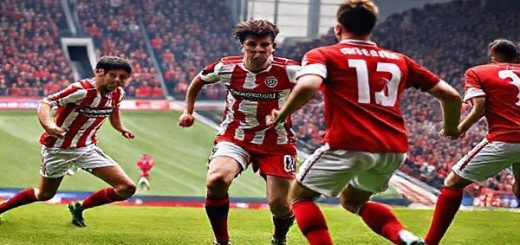 High-definition image prompt: A dramatic scene of a tense football match, featuring Lincoln City in their traditional red and white kit and Barnsley in their iconic red jersey. The players are locked in an intense duel on a vibrant green pitch, with a packed stadium filled with passionate fans chanting. The atmosphere is electric, highlighting the contrasting styles of Lincoln's gritty defense and Barnsley's fluid attacking play. A determined forward makes a decisive run towards the goal, while a midfielder prepares to launch a counter-attack. Capture the emotion, excitement, and tactical intensity of this League One clash in stunning detail.