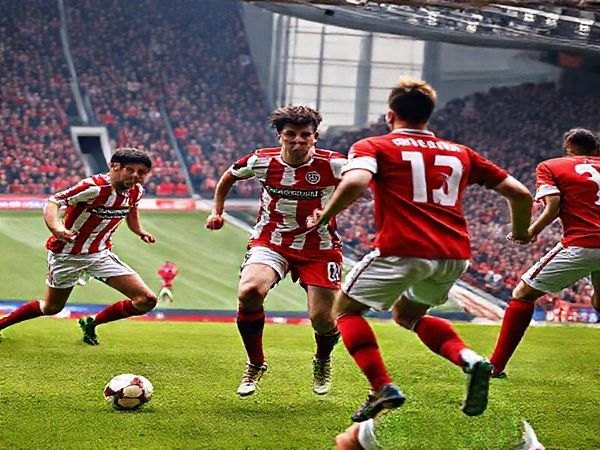 High-definition image prompt: A dramatic scene of a tense football match, featuring Lincoln City in their traditional red and white kit and Barnsley in their iconic red jersey. The players are locked in an intense duel on a vibrant green pitch, with a packed stadium filled with passionate fans chanting. The atmosphere is electric, highlighting the contrasting styles of Lincoln's gritty defense and Barnsley's fluid attacking play. A determined forward makes a decisive run towards the goal, while a midfielder prepares to launch a counter-attack. Capture the emotion, excitement, and tactical intensity of this League One clash in stunning detail.