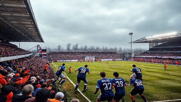 A dramatic football scene set in the Doonhamers' home ground under a crisp December sky, showcasing Queen of the South FC in navy blue jerseys, forming a disciplined defensive line, contrasted against the vibrant, energetic Cove Rangers in bright orange, launching a fast-paced attack. The stadium is packed with passionate fans, flags waving, as anticipation fills the air. Include dynamic movements, a classic football atmosphere, and the intensity of the clash, all in high definition.