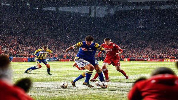 Create a high-definition image of an intense football match taking place at Elland Road on a cold December evening in 2025. Show Leeds United in their traditional blue and yellow kits, energetically pressing against Liverpool, adorned in their iconic red uniforms. Capture the moment with players battling for possession, with a backdrop of passionate fans in the stands, displaying a mix of excitement and tension. Incorporate details like the snow-dusted pitch and bright stadium lights illuminating the scene, emphasizing the clash of styles between the two teams.