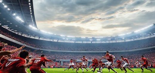 A dynamic football match taking place at Stuttgart's Mercedes-Benz Arena, showcasing a vibrant atmosphere with fans passionately cheering. In the foreground, players from both teams, Stuttgart in red and Bayern Munich in their iconic white and red kits, battle fiercely for possession of the ball. Capture Stuttgart's youthful energy contrasted with Bayern's experienced precision. The scene is filled with movement, intensity, and the visible tension of a high-stakes game, under a dramatic sky. Please create this image in high definition.