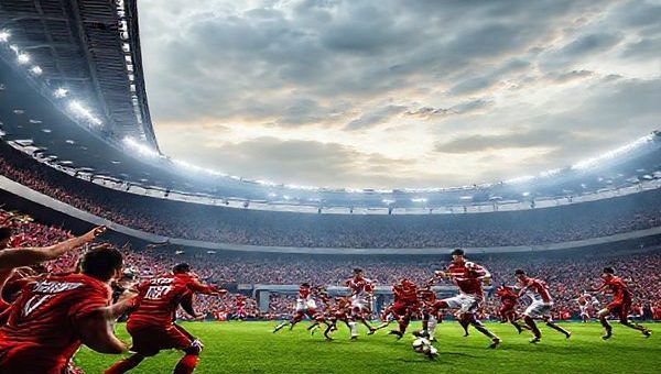 A dynamic football match taking place at Stuttgart's Mercedes-Benz Arena, showcasing a vibrant atmosphere with fans passionately cheering. In the foreground, players from both teams, Stuttgart in red and Bayern Munich in their iconic white and red kits, battle fiercely for possession of the ball. Capture Stuttgart's youthful energy contrasted with Bayern's experienced precision. The scene is filled with movement, intensity, and the visible tension of a high-stakes game, under a dramatic sky. Please create this image in high definition.