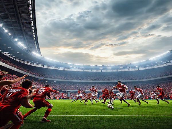 A dynamic football match taking place at Stuttgart's Mercedes-Benz Arena, showcasing a vibrant atmosphere with fans passionately cheering. In the foreground, players from both teams, Stuttgart in red and Bayern Munich in their iconic white and red kits, battle fiercely for possession of the ball. Capture Stuttgart's youthful energy contrasted with Bayern's experienced precision. The scene is filled with movement, intensity, and the visible tension of a high-stakes game, under a dramatic sky. Please create this image in high definition.