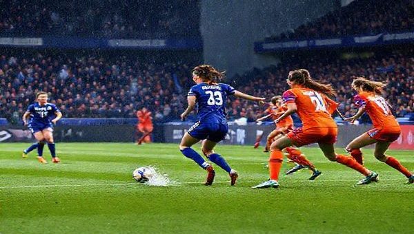A dramatic high-definition scene of a Women's Super League match between Chelsea Women and Everton Women in December 2025, showcasing intense gameplay on a rain-soaked pitch. The Chelsea team, in their iconic blue kits, is executing a fast-paced counter-attack, led by a dynamic Sam Kerr, while Everton defenders, clad in vibrant orange, are positioned resolutely, ready to intercept. The stadium is packed with passionate fans cheering, with banners flying high and the atmosphere electric, capturing the essence of a high-stakes showdown.