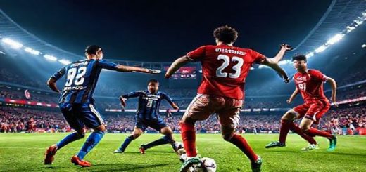 A dynamic football scene under the bright lights of a grand stadium, showcasing an intense match between Inter Milan and Liverpool, with players like Lautaro Martínez and Mohamed Salah in action. Capture the electric atmosphere with fans waving flags, the vibrant team colors of blue and red, and a dramatic moment of a tackle near the midfield. Include a tactical board in the background hinting at the strategies of coaches Andrea Pirlo and Jürgen Klopp. The image should be in high definition, highlighting the excitement of this Champions League showdown.