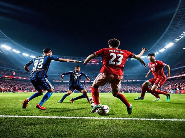 A dynamic football scene under the bright lights of a grand stadium, showcasing an intense match between Inter Milan and Liverpool, with players like Lautaro Martínez and Mohamed Salah in action. Capture the electric atmosphere with fans waving flags, the vibrant team colors of blue and red, and a dramatic moment of a tackle near the midfield. Include a tactical board in the background hinting at the strategies of coaches Andrea Pirlo and Jürgen Klopp. The image should be in high definition, highlighting the excitement of this Champions League showdown.